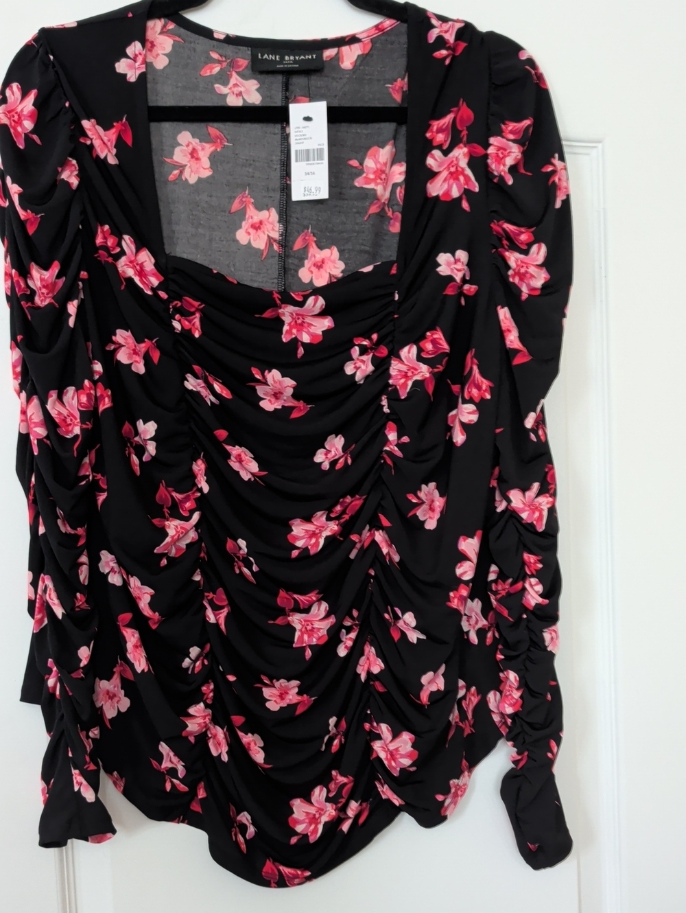 Lane Bryant Black Long-Sleeve Ruched Top with Pink Floral Tote3